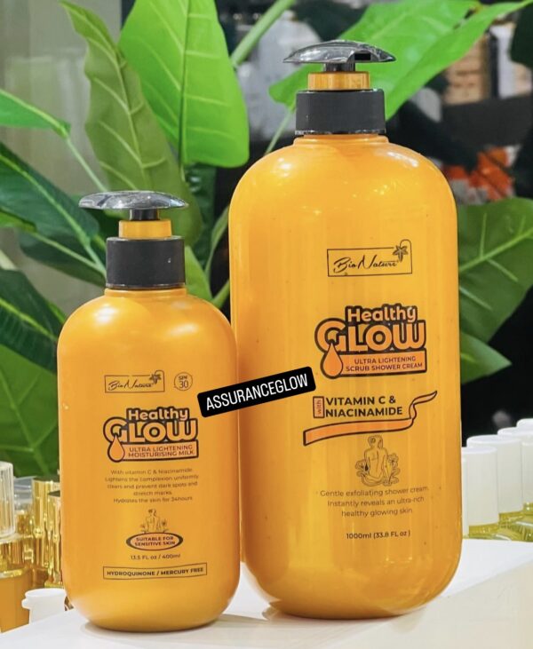 Bio Nature Healthy Glow Pro-Lightening Milk Vitamin C & Niacinamide Lotion + Scrub Shower Gel